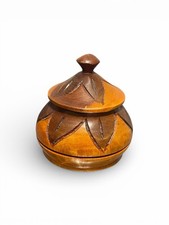 Vintage Hand-Carved Round Wooden Turned Trinket Box With Lid
