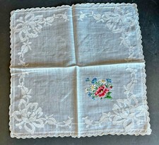 Vtg White Handkerchief With Floral Embroidery  Lace Trim