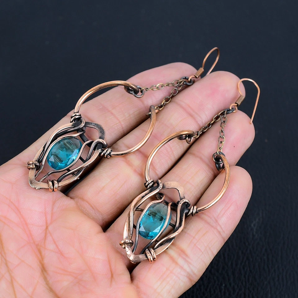 Blue Topaz Gemstones Handmade Copper Wire Wrap Earrings Jewelry Gift For Love Foto 2 de 4