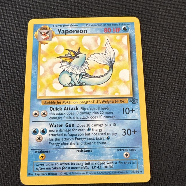 Pokemon TCG Vaporeon 28/64 Jungle Unlimited Regular Rare 80HP English 1999