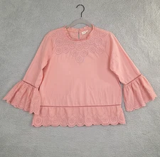 Gap Blouse Womens Medium Pink Bell Sleeve Eyelet Ruffle Embroidered Cottagecore