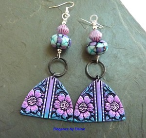 Pink Purple Flowers on Blue Statement Earrings Handmade Colorful Flowers Sterlin