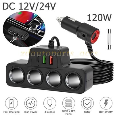 12V-24V 4 Way Car Cigarette Lighter Socket Splitter USB PD Charger Power Adapter