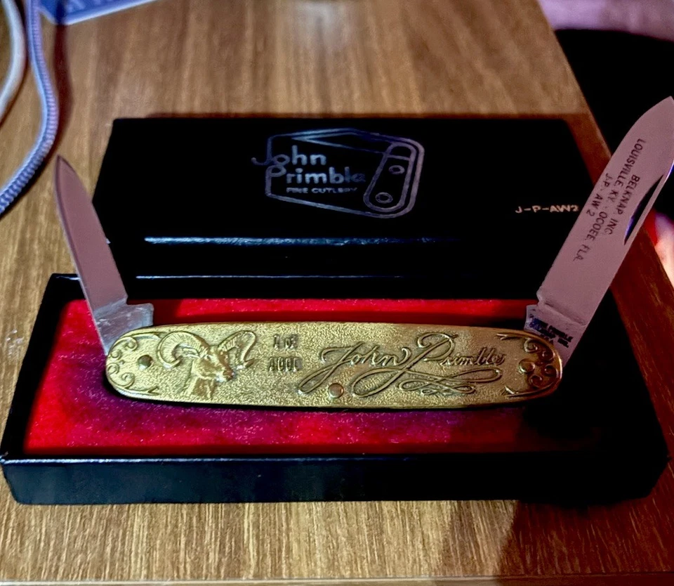 Navaja de Bolsillo John Primble Oro Repujado con Hojas Dobles Hecha en EE. UU. De Colección Foto 2 de 4