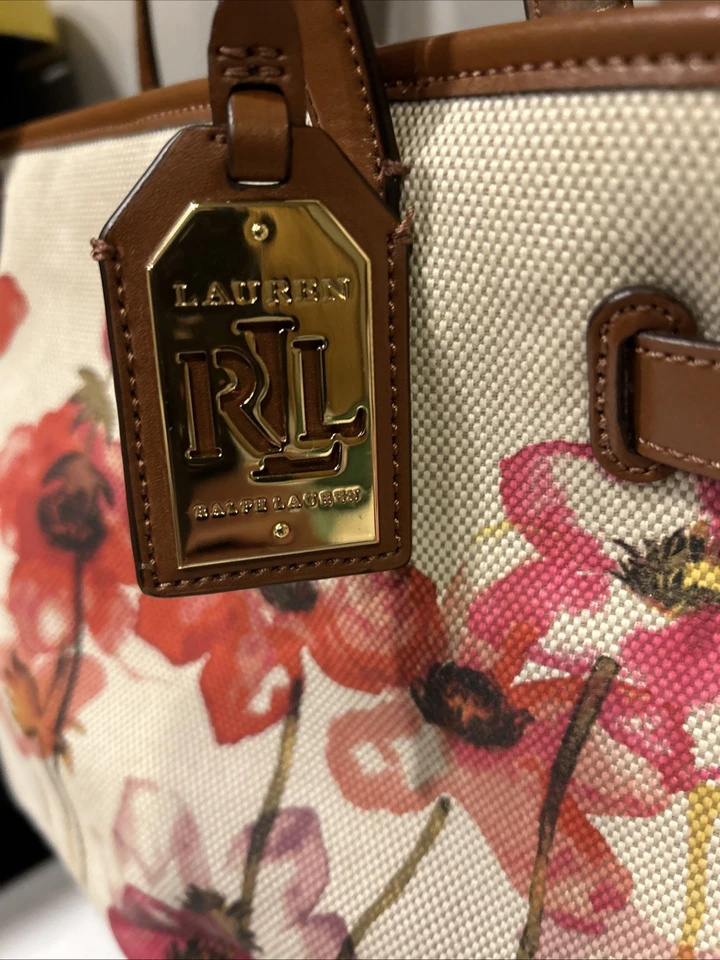 Bolso de Hombro Ralph Lauren Floral Rosa Lona Cuero Cremallera Diseñador Foto 2 de 4