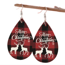 Holiday Earrings Deer Buffalo Plaid Christmas Leather Dangle Drop Ear Jewelry