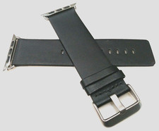 Genuine Leather Apple Watch Band Black 42mm 44mm 45mm Silver Buckle Strap