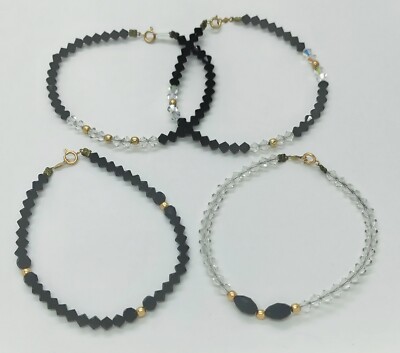 Lot Of Faceted Black Clear Crystal Bead Bracelets w/14K Clasps Beads 