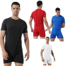 Mens Bodysuit Leotard Press Button Crotch Short Unitard Workout SportsDancewear