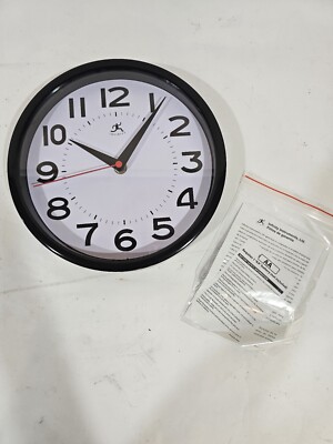 (2) 9'' Metro Wall Clock Black Plastic Frame Broad Face Large Numerals Silent
