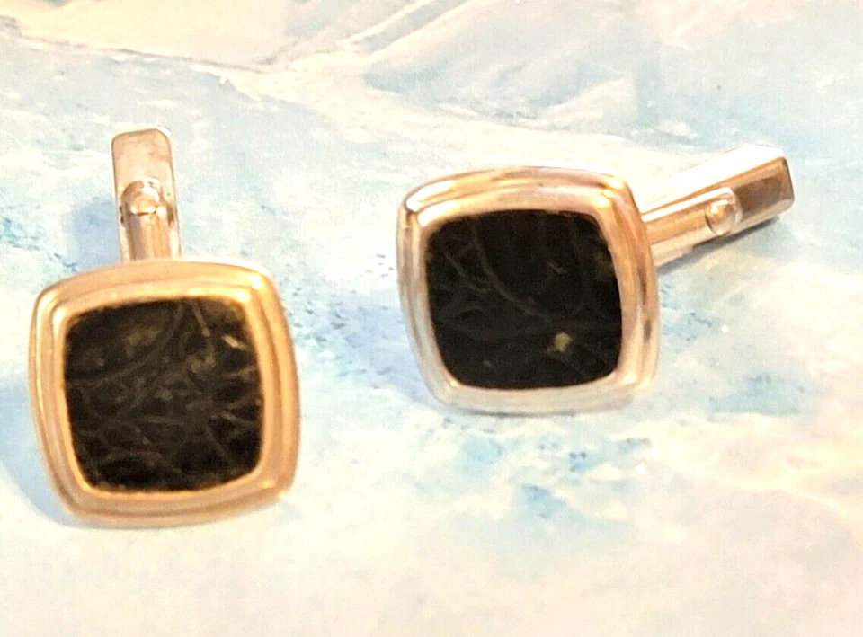 Vintage Swank Black  & Silver Cufflinks,  Embossed Leather Cuff Links cl- - Image 3 of 4