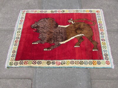 Vintage Traditional Hand Made Oriental Gabbe Wool Red Rug 113x82cm Animal Lion