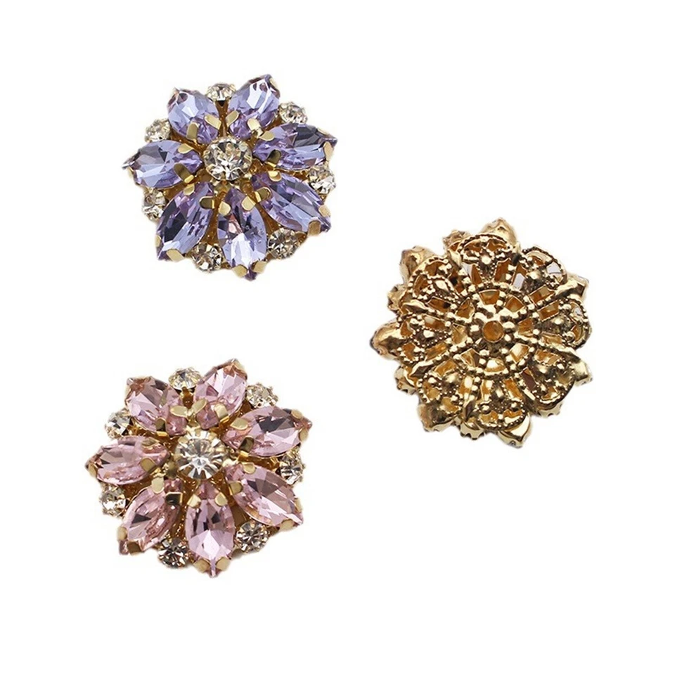 2PCS Flower Rhinestone Flat Buttons Sewing Clothing Decor DIY Craft Accessories - Image 3 of 4