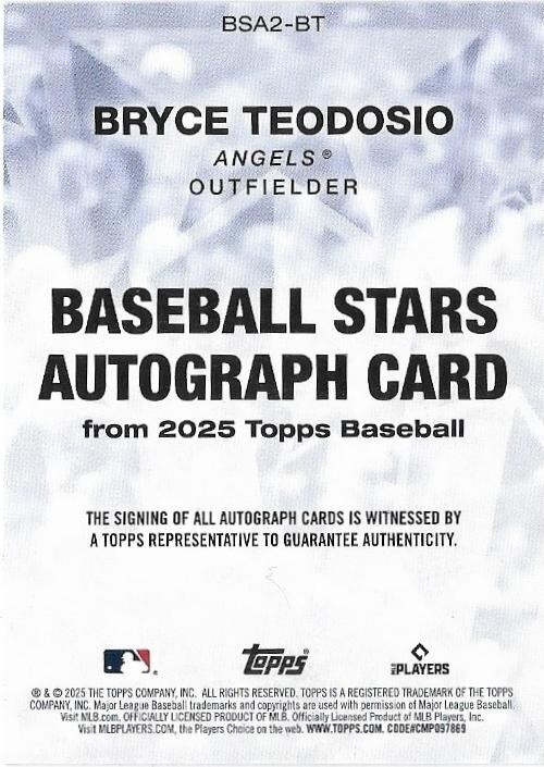 BRYCE TEODOSIO 2025 Topps Series 2 RC AUTO Baseball Stars BSA2 BT S L960