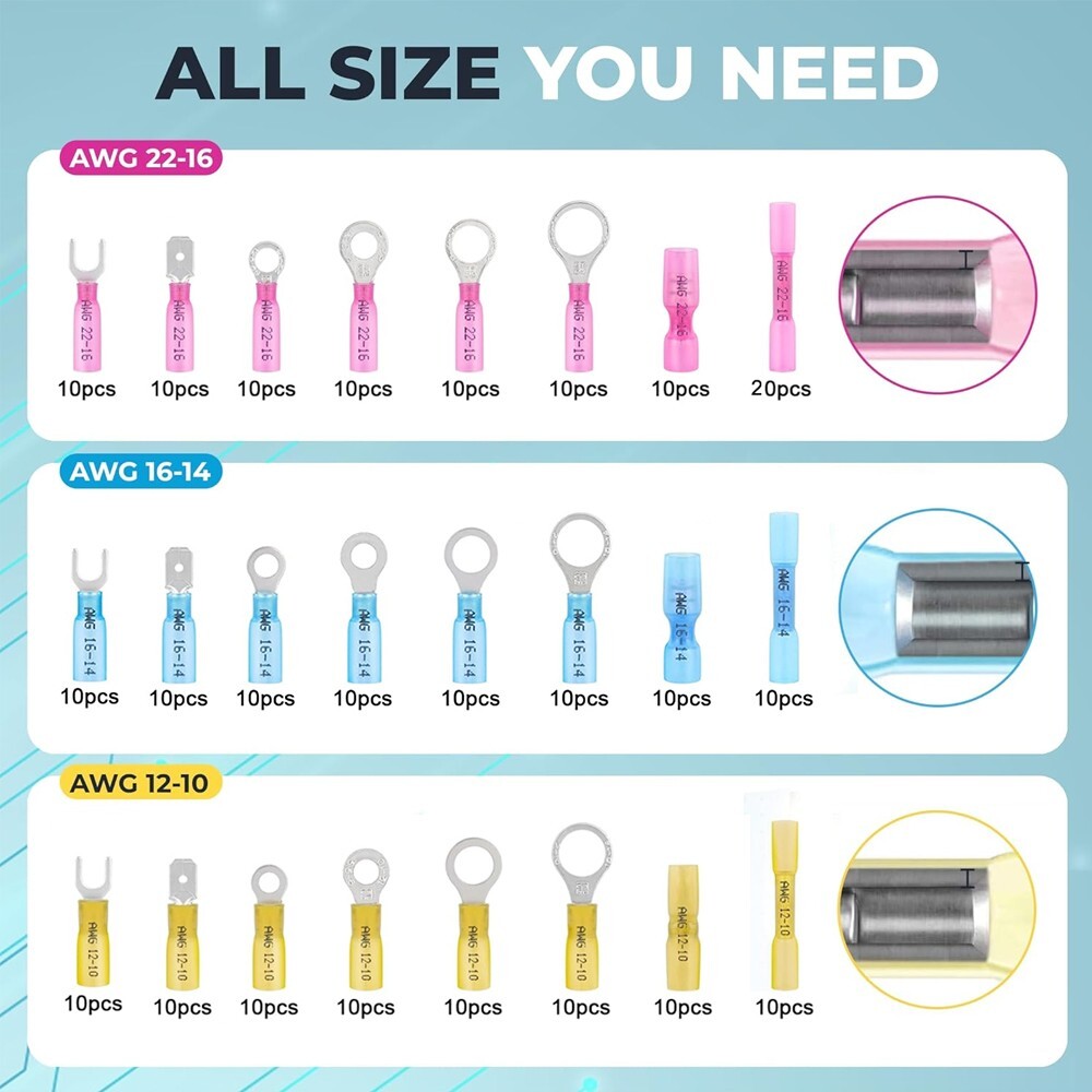 250x Heat Shrink Wire Connectors Electrical Ring Fork Spade Crimp Terminals Kit