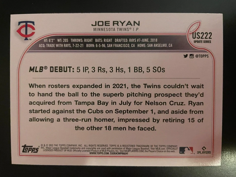 Joe RYAN RC 2022 Topps Update Series Rookie Debut #US222 Minnesota Twins - Image 2 of 2