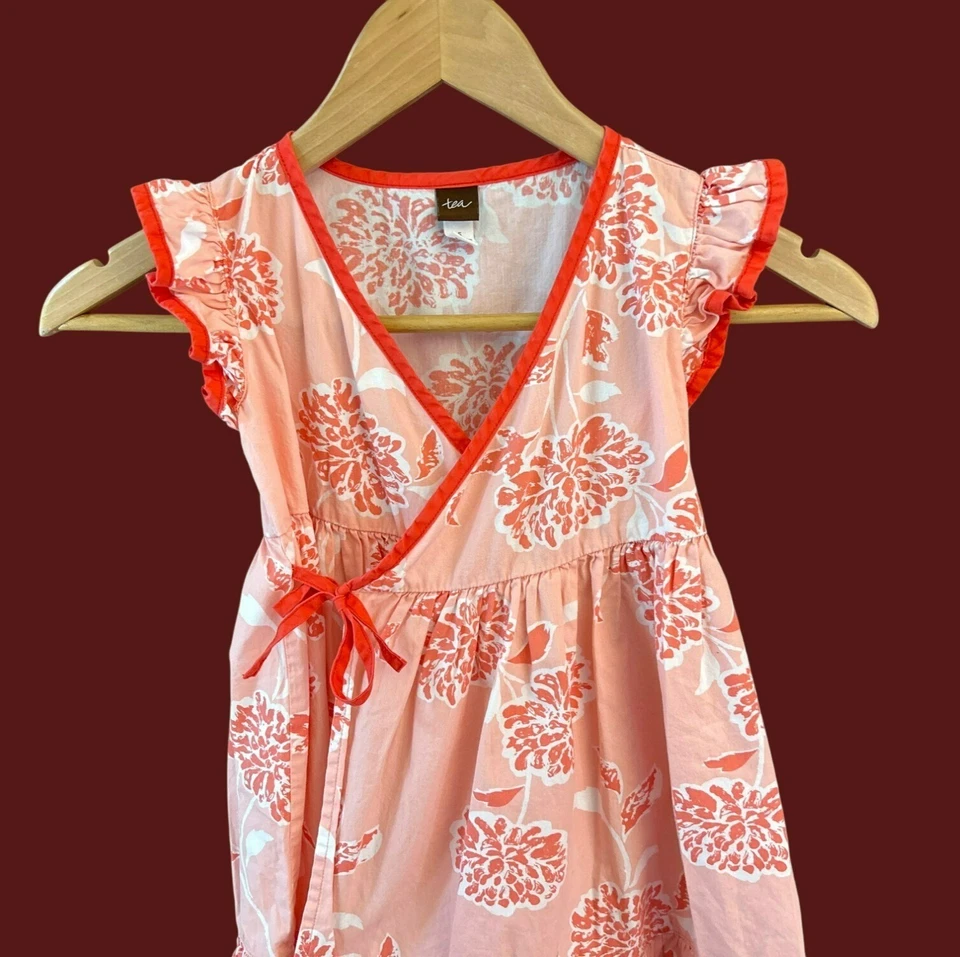 Tea Collection Girls Pink Coral Floral Wrap Tiered Dress Size 5 Flutter Sleeve - Image 2 of 4