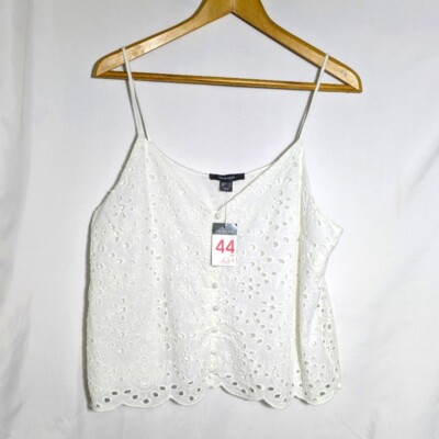 NWT Primark White Button Down Eyelet Lace Crop Cami Top, Spaghetti Straps Sz 12