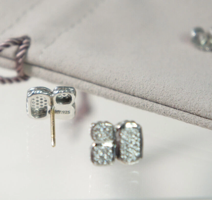 David Yurman 925 Silver 585 Pave Diamond Chiclet Post Stud Earrings DY Pouch - Image 4 of 4