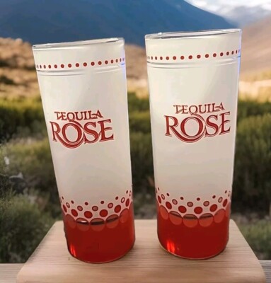 2pc Set Tequila Rose Strawberry Cream 4.25'' Tall Shot Glasses Frosted White Red
