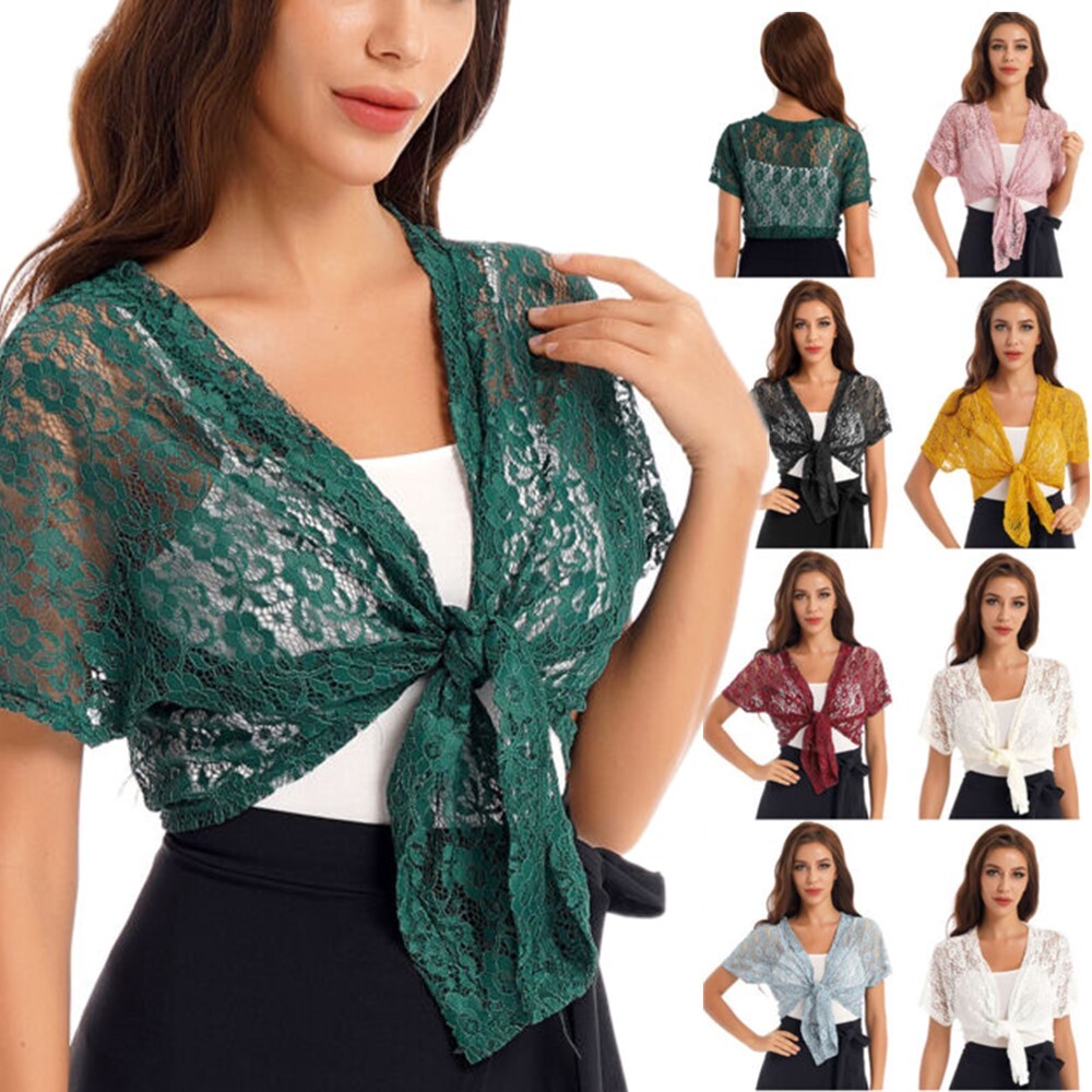 Women's Tie Front Hollow Out Lace Shrug Short Sleeve Sheer