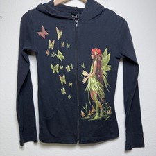 VTG Y2K Trick Fairies Women Cotton Hoodie Black Fairy Butterfly USA Made Zip 00s