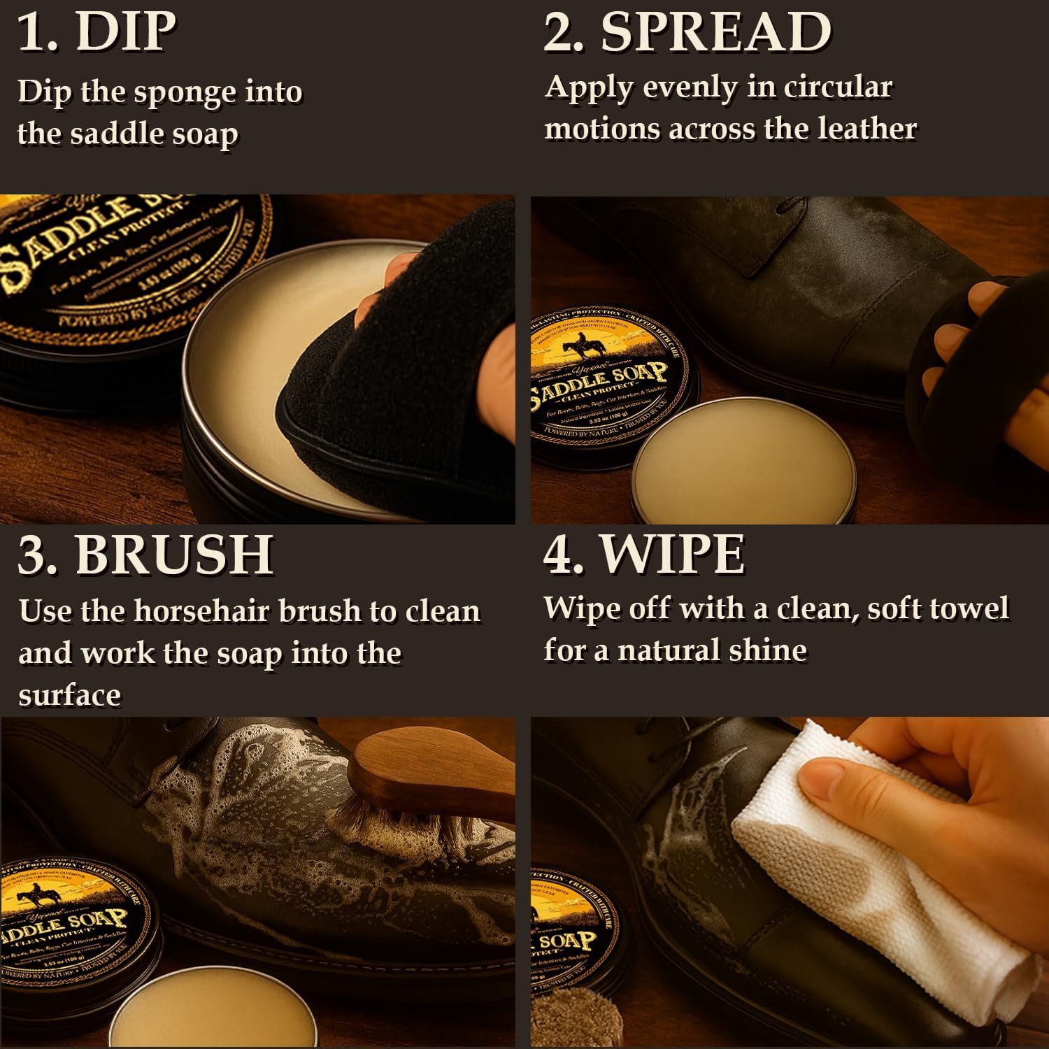 Saddle Soap 4PC Leather Care Kit – All-Natural 3.52Oz Leather Cleaner & Conditio