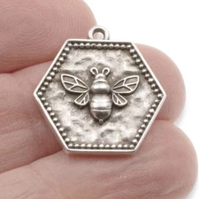 Silver Hexagon Bee Charm: 2Pc Medallion Pendants, Spring Garden Jewelry Making