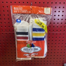 VTG Fruit of The Loom Striped Tube Socks RARE MID Calf 6 Pairs 6-10 NOS 80s