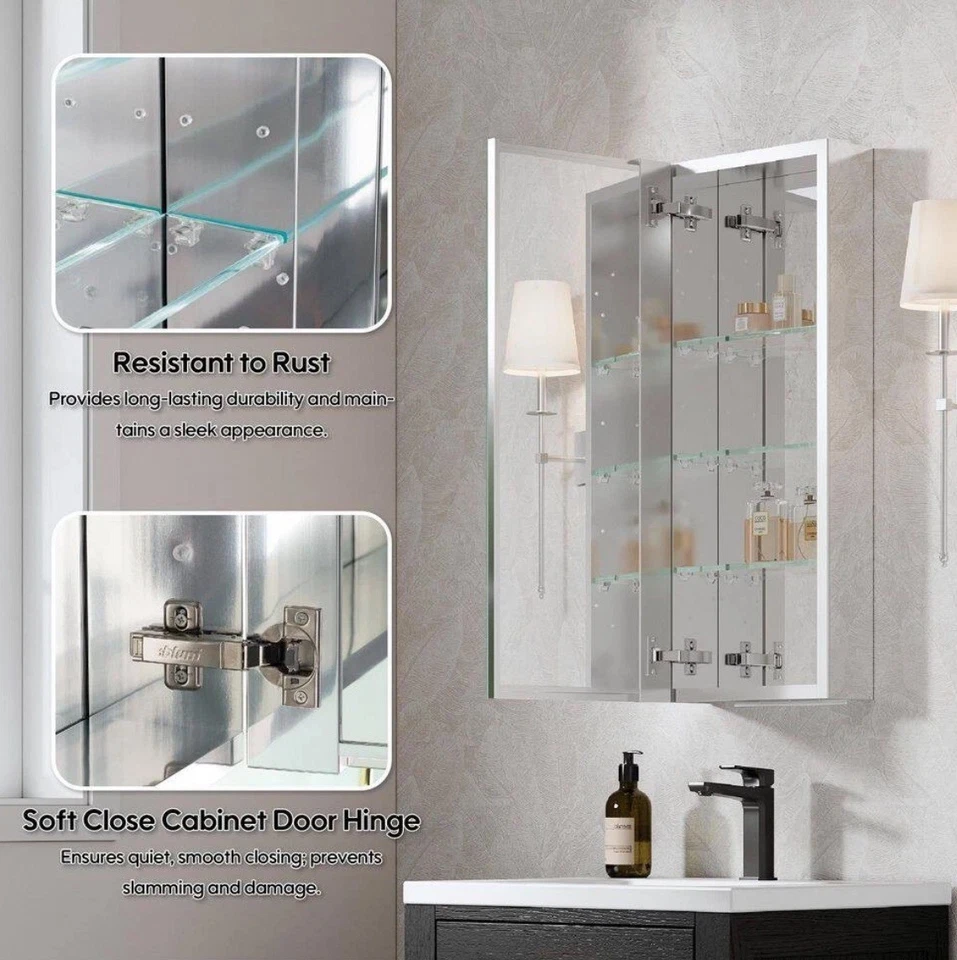 WELLFOR ROSA 12"x30" Tri-View Botiquín Espejo Aluminio Ajustable Foto 4 de 4