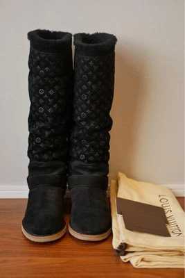 LOUIS VUITTON Bottes En Daim Mouton Monogramme 36 Noir Femme - Photo 1/4