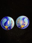 Vintage Cloisonné Bird Earrings Blue Enamel Gold Tone Round Pierced Earrings — photo 1