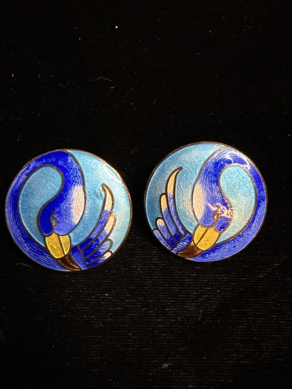 Vintage Cloisonné Bird Earrings Blue Enamel Gold Tone Round Pierced Earrings