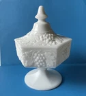 Vintage Imperial  Milk Glass Grape Pattern Lidded Candy Dish Pedestal