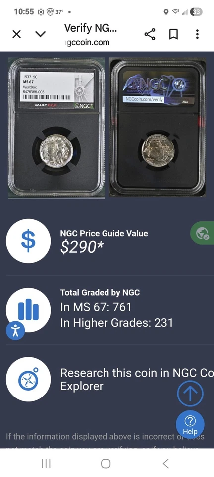 1937 Buffalo Nickel NGC MS67 Vault Box Black Label - Image 3 of 3