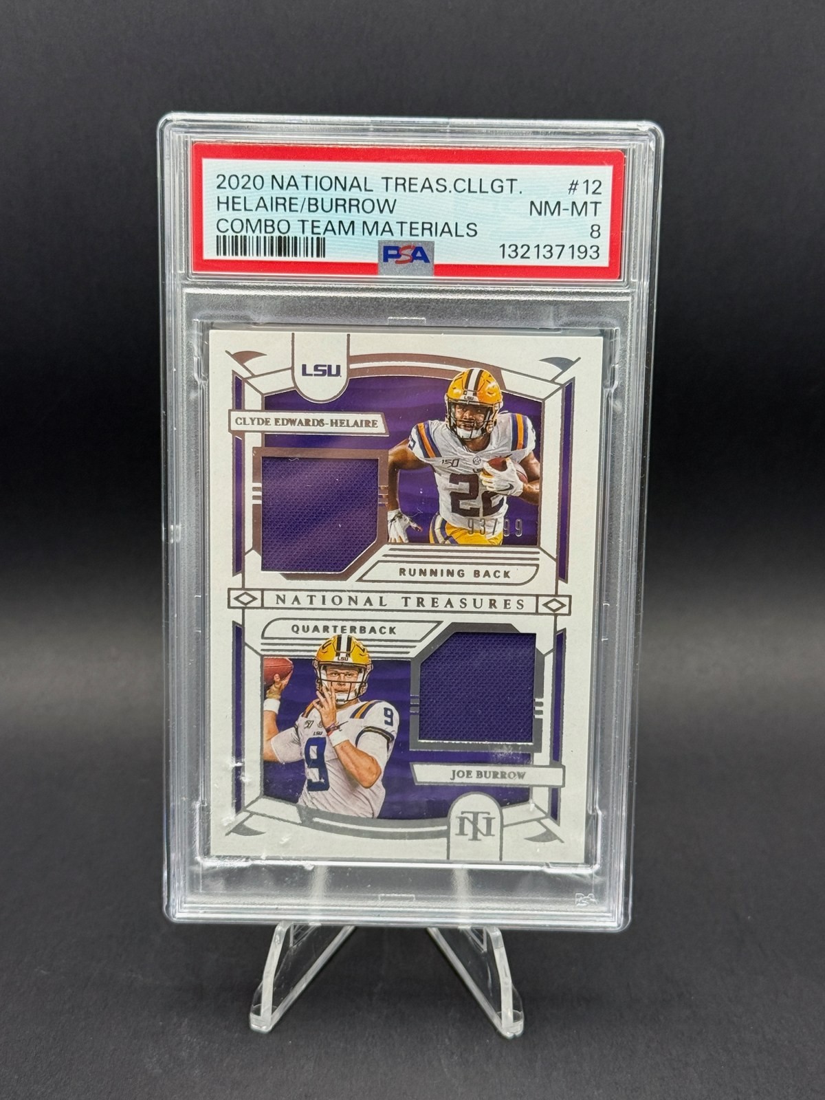 2020 National Treasures Burrow Edwards-Helaire Player-Worn Relic 93/99 PSA 8
