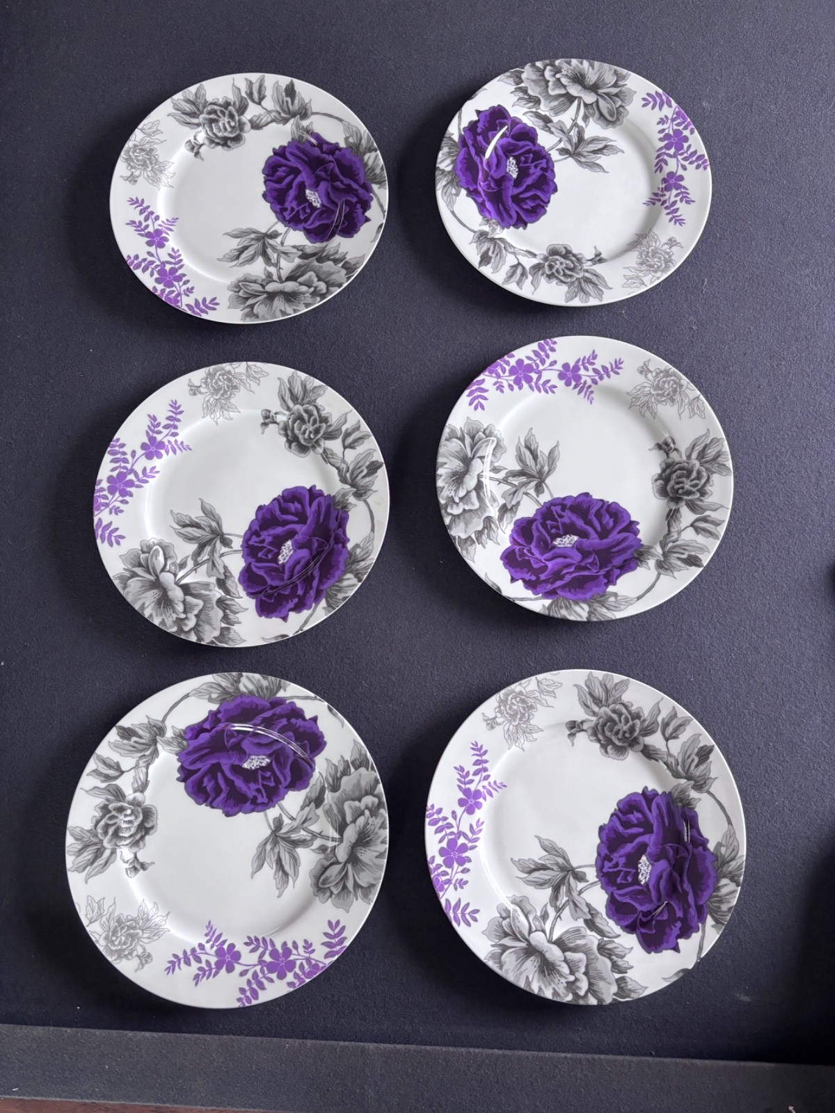 Portobello by Inspire Purple and Black Peony (6)  Bone China Dinner Plates