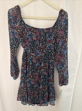 Rewind Long Sleeve Open Tie back Floral Fit & Flare Boho Dress Xs Black NWT
