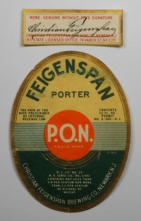 1930's U Permit beer label FEIGENSPAN P.O.N 3.2% PORTER Newark NJ
