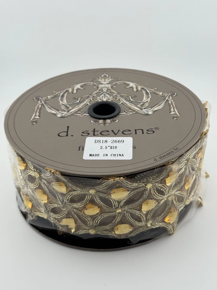 d. stevens GOLD FACETED DIAMOND-SHAPE WIRE EDGED RIBBON DS18-2669 2.5” 5 YDS - Image 2 of 4
