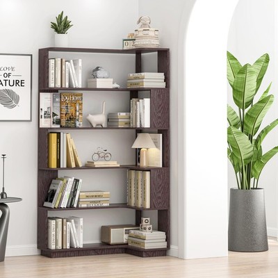 64.56''H Corner Book Shelf with Baffle, 6 Tier Wooden Corner Bookshelf with Op...
