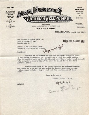 Andrew J Nicholas Business Letter 1937 Water Works Pump Order Potomac Electric