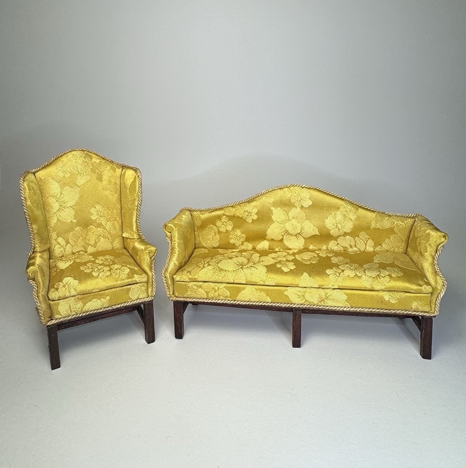 Vintage Miniature Dollhouse Yellow Brocade Upholstered Sofa and Chair Set