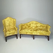 Vintage Miniature Dollhouse Yellow Brocade Upholstered Sofa and Chair Set