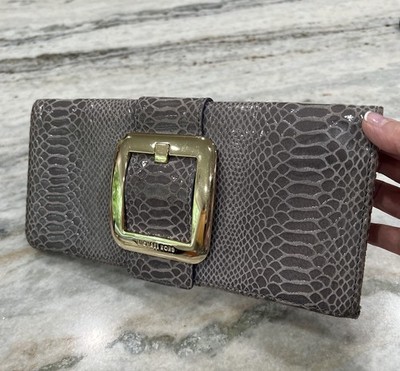 Michael Kors Sutton Clutch Purse, Gray Snake Skin Print Leather, Gold Accents