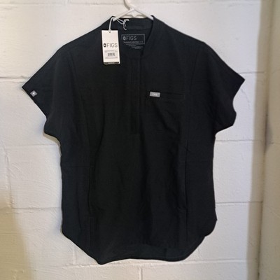 Figs Montex Black Scrub Top 1/4 Zip Mock Neck Cap Sleeve Size S