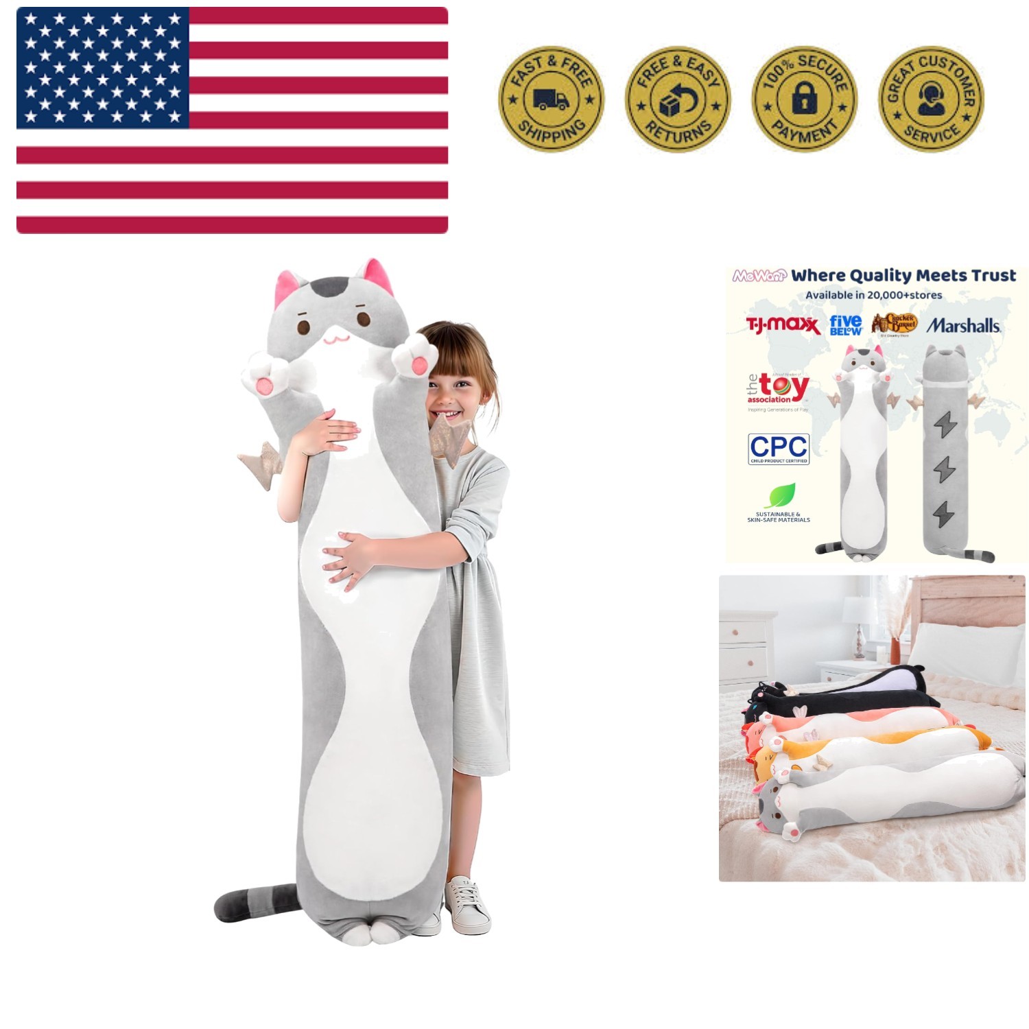 Long Cat Plush 5 Sizes, 120% Extra Filling Giant Plushness Kids Body Pillow, ...