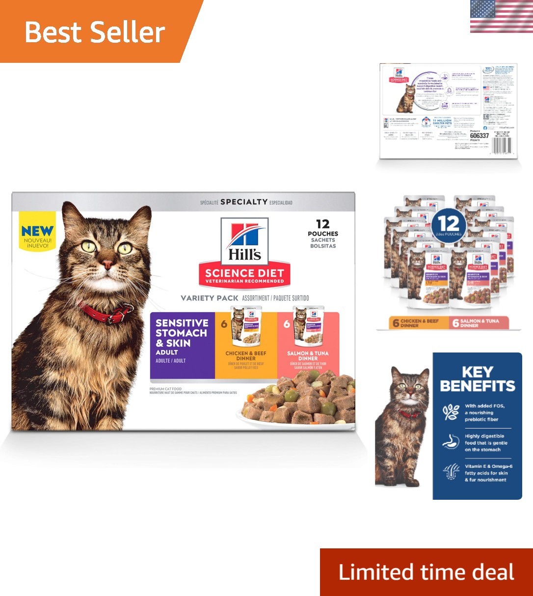 Delicious Wet Cat Food Variety Pack for Sensitive Stomachs - 12 Pouches - 2.8 oz