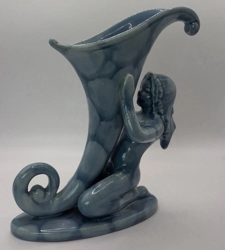 Vintage Royal Haeger Blue Art Deco Nude Nymph Girl Cornucopia Vase 1940s - 1950s