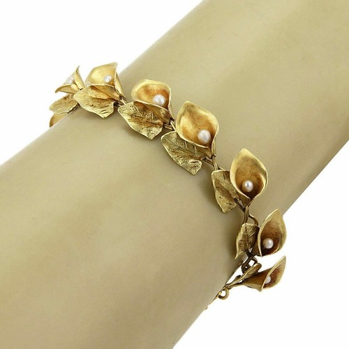 Art Nouveau Calla Lily Pearl 18k Yellow Gold Link Bracelet 6.75"
